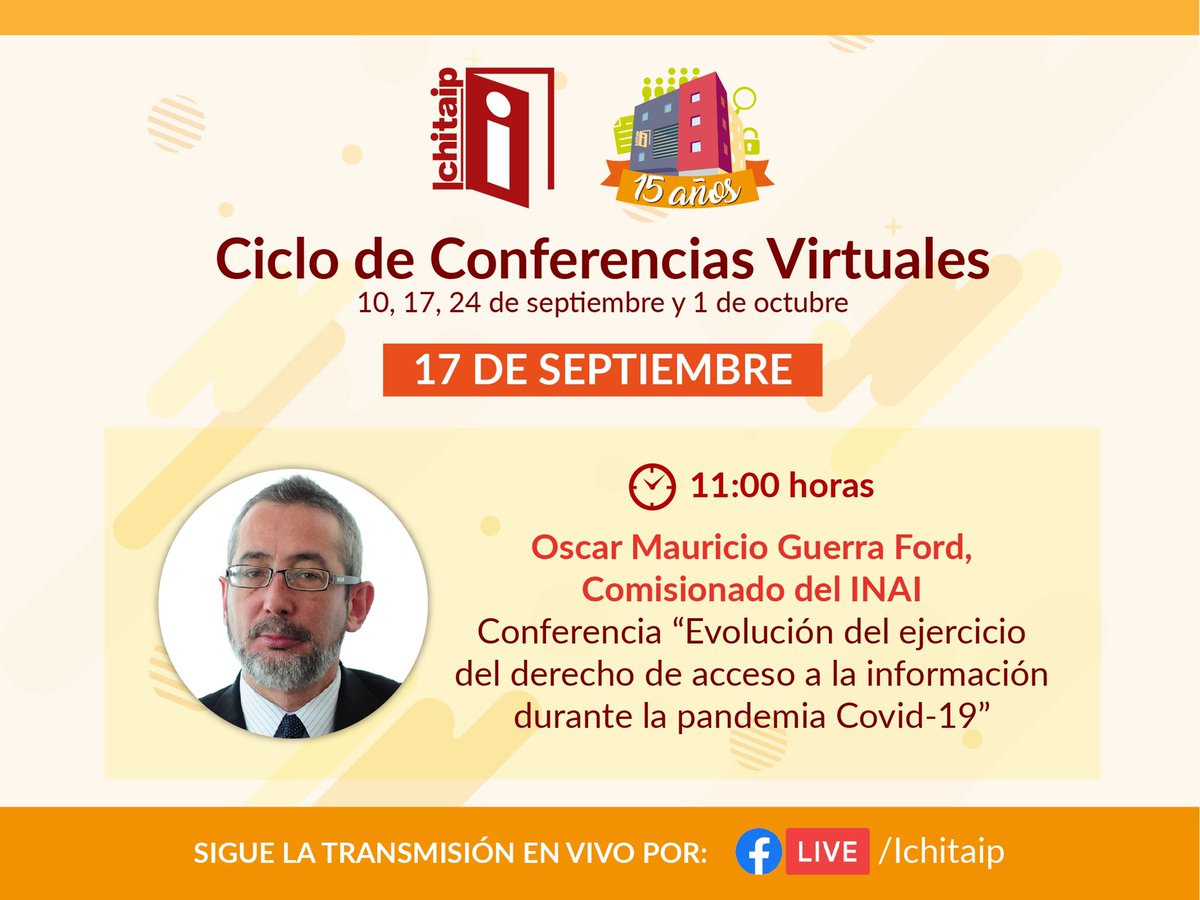 NorteSNT's tweet photo. No te pierdas la participación de @OscarGuerraFord, Comisionado del @INAImexico en el "Ciclo de Conferencias Virtuales" con motivo de la celebración del XV aniversario del @ICHITAIPOficial
📅 17•09•20
⏰ 11:00 Chihuahua | 12:00 CDMX
🎥 Transmisión #FBLive del #ICHITAIP https://t.co/3boz2LT5cD