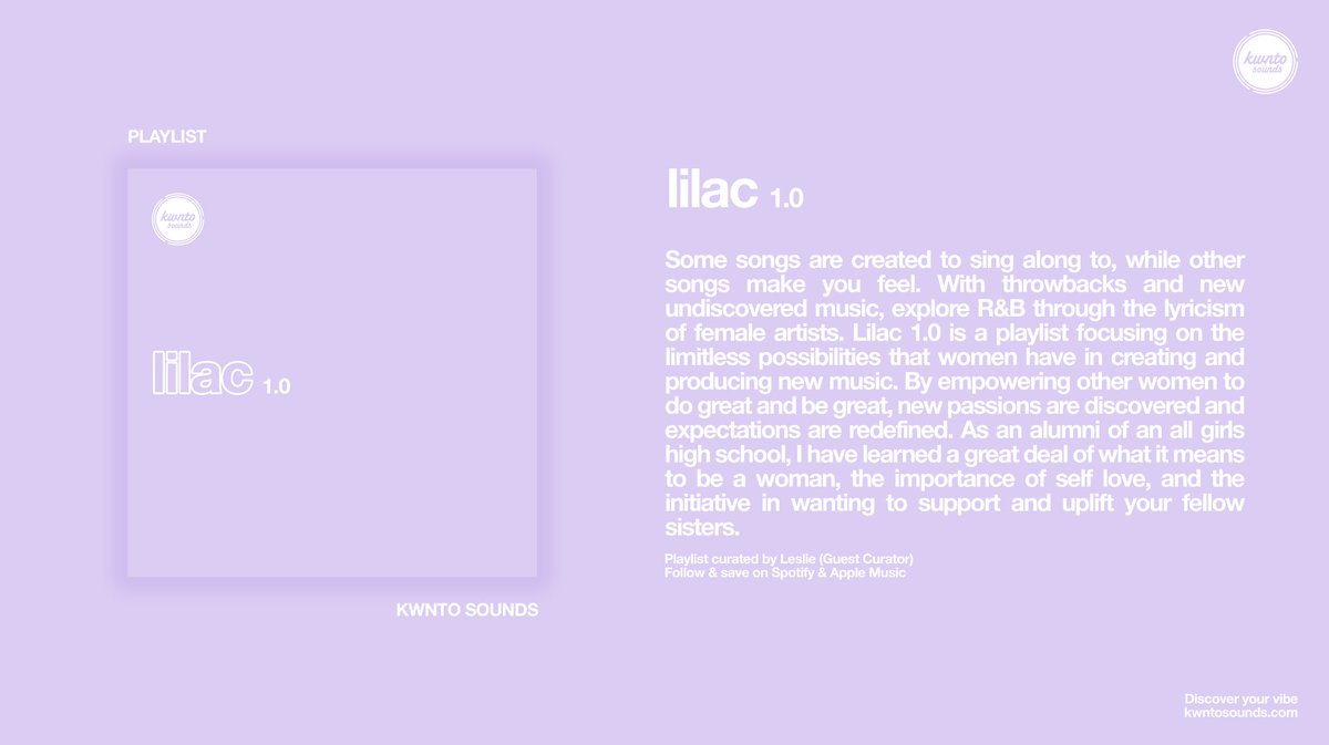 kwntosounds's tweet photo. New #playlist: Lilac 1.0 - Explore R&amp;B through the lyricism of female artists. Curated by Leslie (guest curator). Listen now on #Spotify and #AppleMusic: https://t.co/jJIJ6zkBIb #playlistcurator #musiccurator #womeninmusic https://t.co/9koVA9dDmd