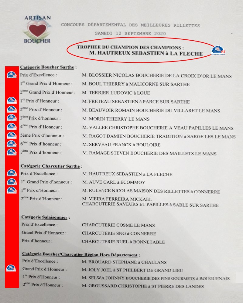 BRAVO et grand MERCI à tous les lauréats et à tous les participant.e.s de la filière du <a href="/porccenomans/">Porc Cénomans</a> #LabelRouge pour ce magnifique résultat au #concours 2020 des #RillettesdelaSarthe ! 😃🙏

#CommerceLocal #Rillettes #Sarthe #Boucherie #Charcuterie #Artisan #JaimeLesRillettes