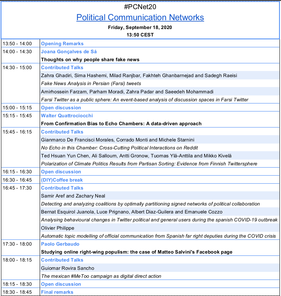 PCNetWorkshop's tweet photo. #PCNet20, the @netsci2020 satellite on Political Communication Networks is approaching. Friday September 18, 13:50 CEST is the date. Check our amazing program and don't miss it! https://t.co/M52gzcTJm5