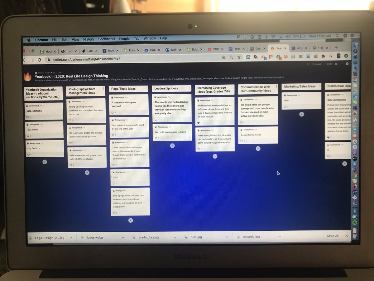 cmattsteacher's tweet photo. Look at them go! This is called Padlet—yearbook kids are posting their ideas for doing yearbook differently in real time on this digital bulletin board. We’ll pop back into Google Meet at a set time for a student-led discussion of each topic. #DistanceLearning #NJHPride https://t.co/IpuhMjTIge