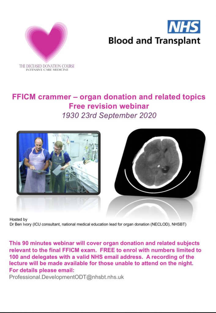 bennoivory's tweet photo. Free medical education! Online final FFICM crammer on organ donation via zoom from the med ed team @nhbst. Limited to 100 places. 1930 23rd September. Sign up details in flyer. Please retweet widely! @FICMNews @dalecgardiner @WelshGasDoc @drboothy @DrLindaDykes @dr_mattmorgan https://t.co/RW6ZVw8zYd