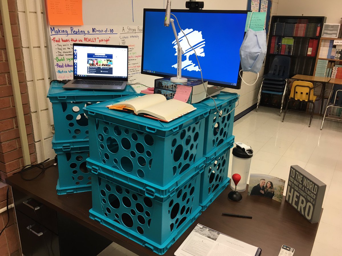 S/o to @cms_dotson for the challenge today! Here’s my DIY “standing desk”. What does your #battlestation look like @CPapenberg_Edu ? 👀 #onlinelearning #crestviewcommunity