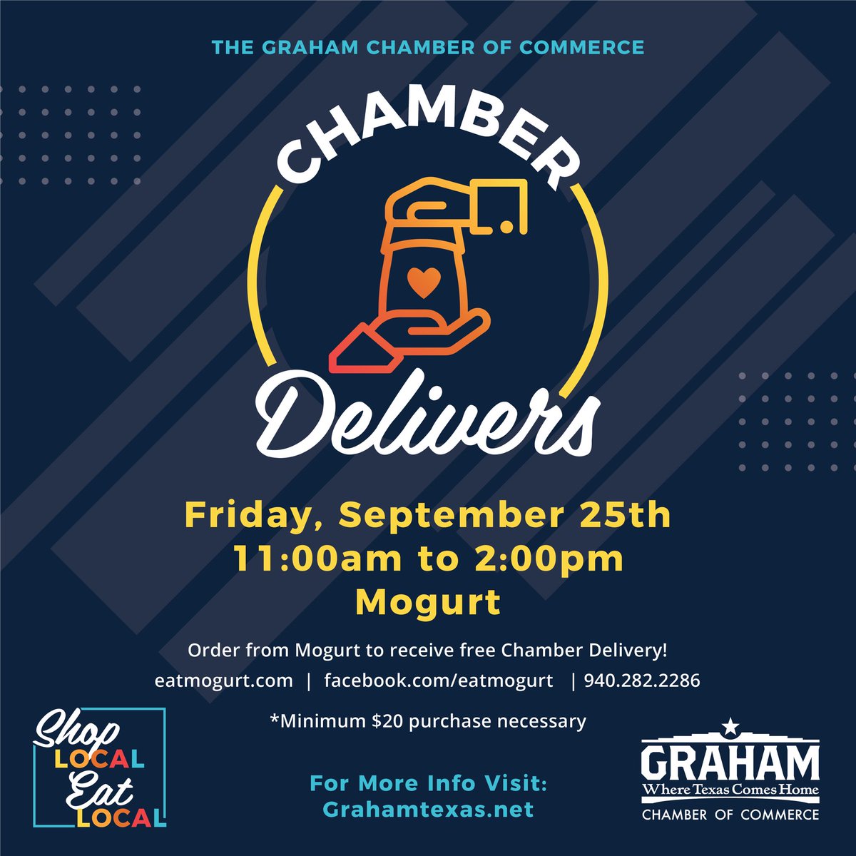 GrahamChamber's tweet photo. Who loves Mogurt - Graham? We do! Order from them on Friday, September 25th from 11a-2pm and receive FREE delivery when you spend $20 or more. https://t.co/GUJd1lUJ0l