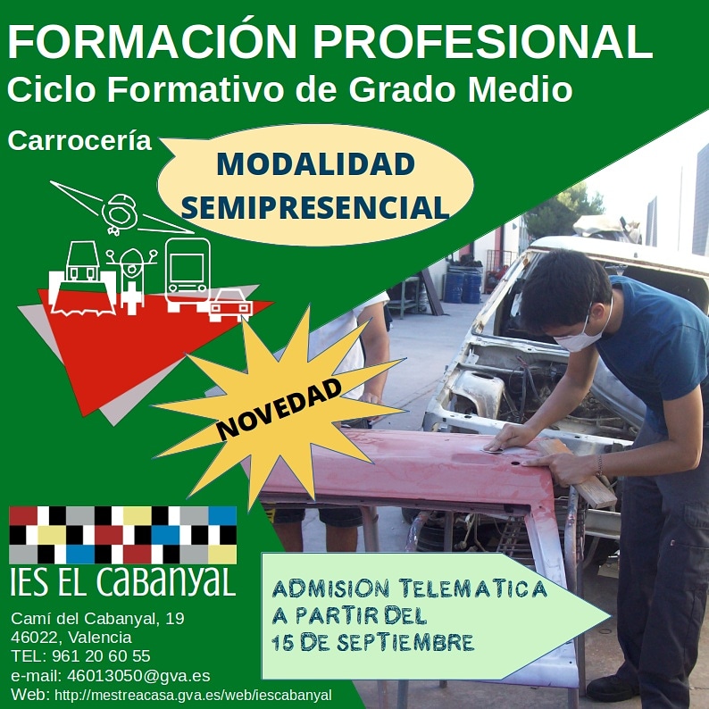 IESElCabanyal's tweet photo. Novedad.
Estudia el CFGM de Carrocería, modalidad semipresencial, en el IES El Cabanyal.
El 15 de septiembre se abre un nuevo plazo extraordinario de admisión, no lo dejes pasar.
#Carrocería
#CFGM
#EstudiarParaTrabajar
#Semipresencial
https://t.co/HxFxDeDvzV https://t.co/PzPuIGFEHs
