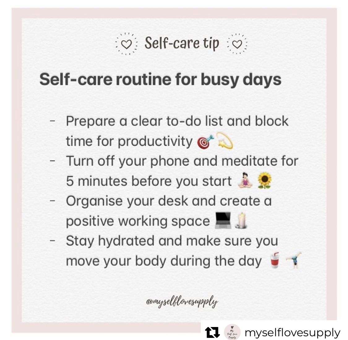 AscpChampions's tweet photo. Last week was full of amazing sessions, empowering stories, and continued learning at #ASCP2020 ! Starting a new, busy week, here's a reminder to practice self-care in your work routine through keeping organized, meditation, and staying active. #MotivationMonday #Meditation https://t.co/RrrYL93jYF