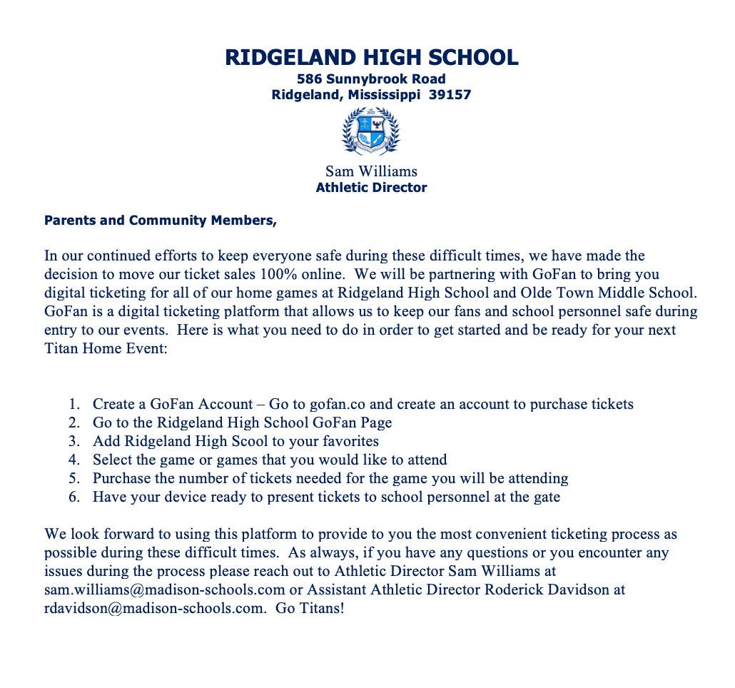 Titan23_RHS's tweet photo. ‼️Attention‼️
Please read the below letter and get your GoFan Account set up for digital ticketing.  We will be moving to online ticket sales for the foreseeable future!  Let’s all be safe and Go Titans!  #TheLand https://t.co/rQfyFjIjvA