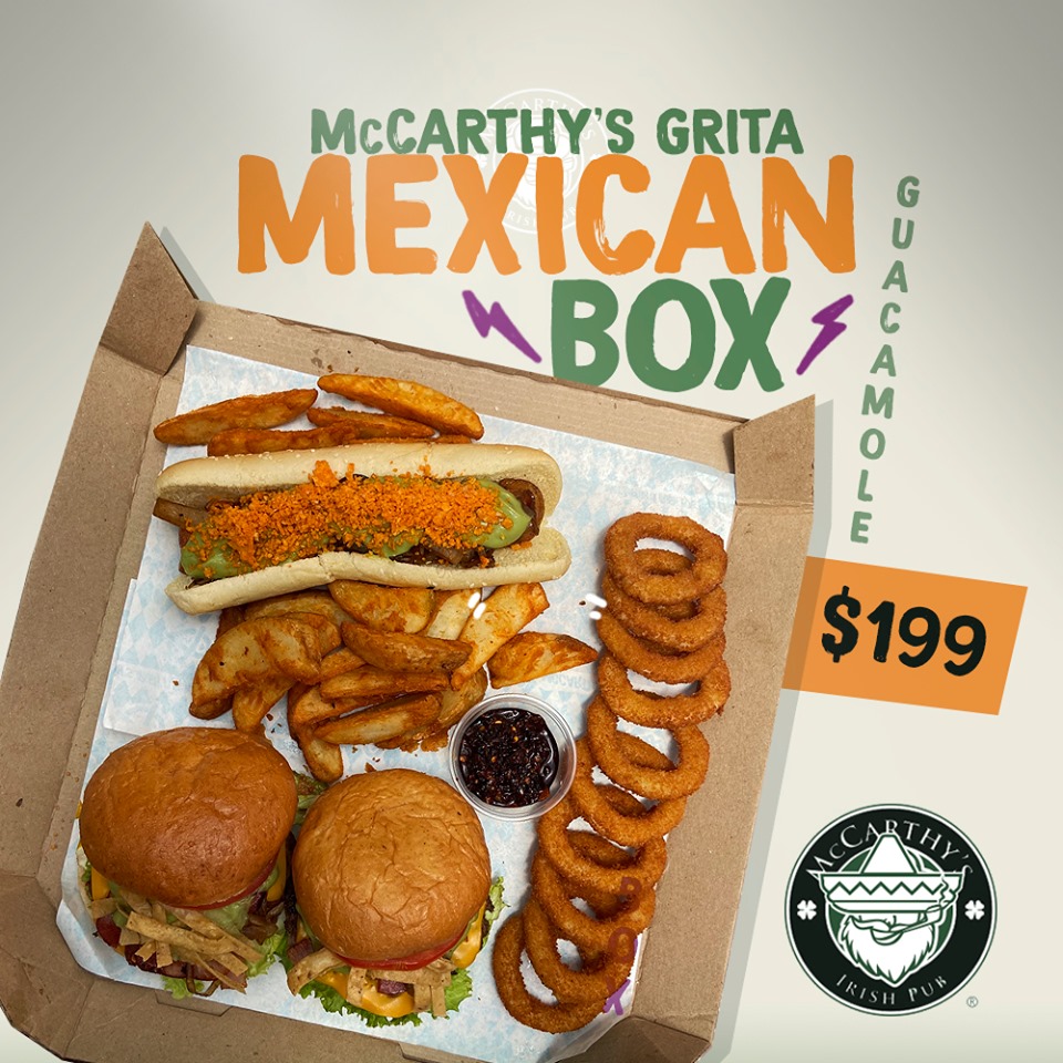 Banda, es momento de celebrar las fiestas patrias, no se pierdan por tiempo limitado nuestra #MexicanBox. Estará disponible del 14 al 20 de Septiembre. #McCarthysGrita #VivaElRock (Disponible en sucursal y a través de plataformas de envío a domicilio.)