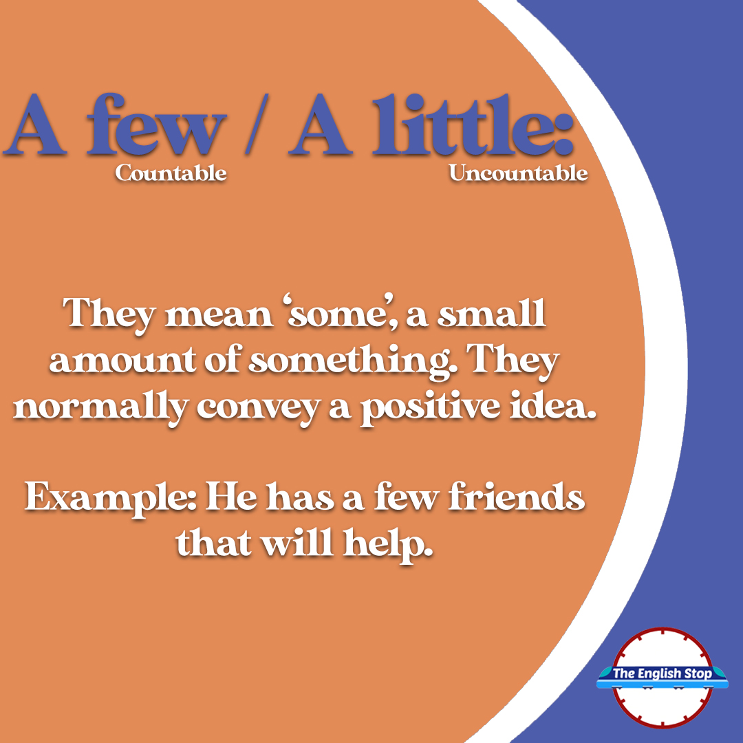 TheEnglishStop's tweet photo. In today's series 'What's the difference?'⁠
few 🆚 a few⁠
little 🆚 a little⁠

#whatisthedifference #few #afew #little #alittle #vocabulary #determiners #vocab #TeachingEnglish #OnlineEnglish #IELTS #ESL #EFL #ELT #TeachingEnglish #StudyEnglish #TeachEnglish #EnglishTeacher https://t.co/EXN11E60T8