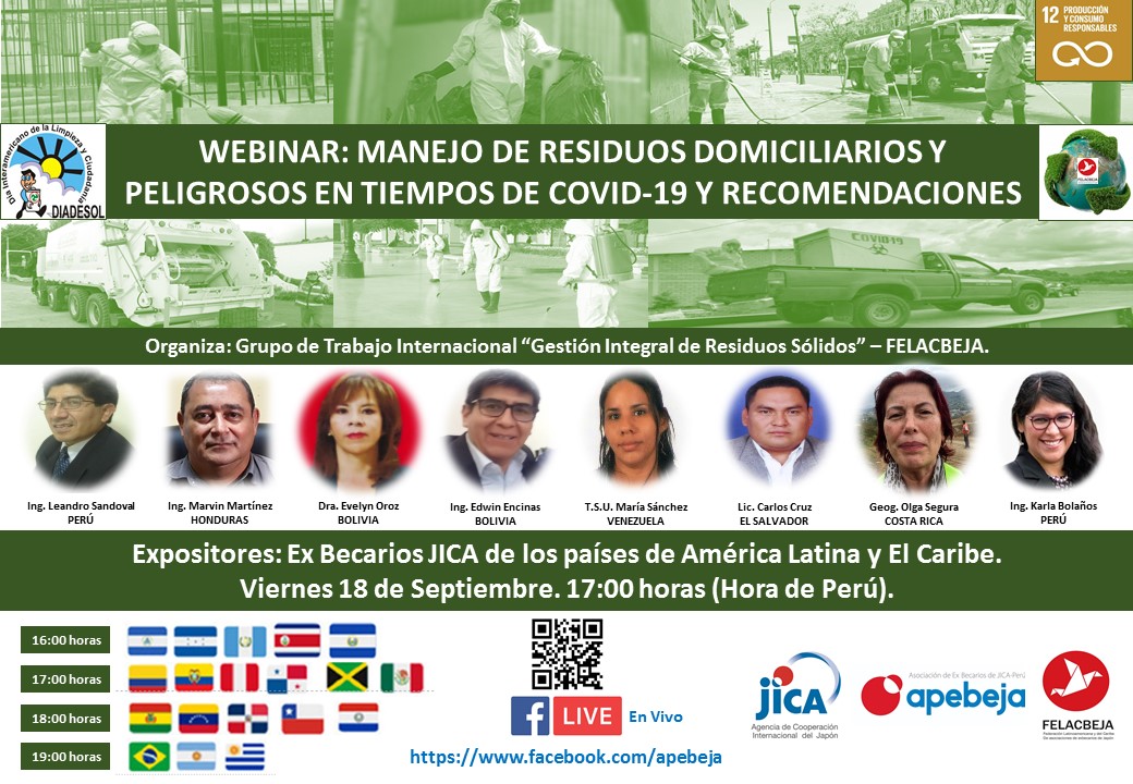 apebeja's tweet photo. El Grupo de Trabajo Internacional “Gestión Integral de Residuos Sólidos” de la Federación Latinoamericana y del Caribe de Asociaciones de Becarios en Japón, los invita al  Webinar “Manejo de Residuos Sólidos Domiciliarios y Peligrosos en tiempos de COVID-19 y Recomendaciones”. https://t.co/sfpawhhygG