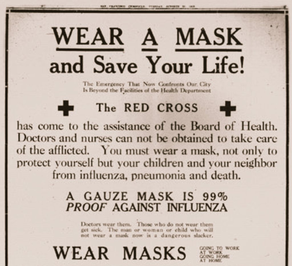 1918: Wear a mask to protect yourself from influenza. 

2020: Wear a mask to protect yourself from #COVID19.