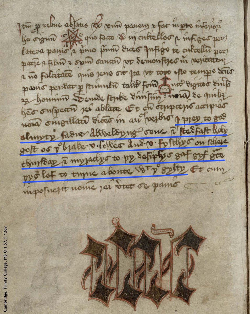 SJLahey's tweet photo. This is a neat one: most of the charm is in #Latin, but the formula—underlined in this image—is in #MiddleEnglish: “I prey to god almyty fadre alweldyng sone …”. #Manuscripts #HistMagic #Magic
[Repost with new colour annotation lest previous version wasn’t colourblind-friendly https://t.co/4a4tqRtKF3