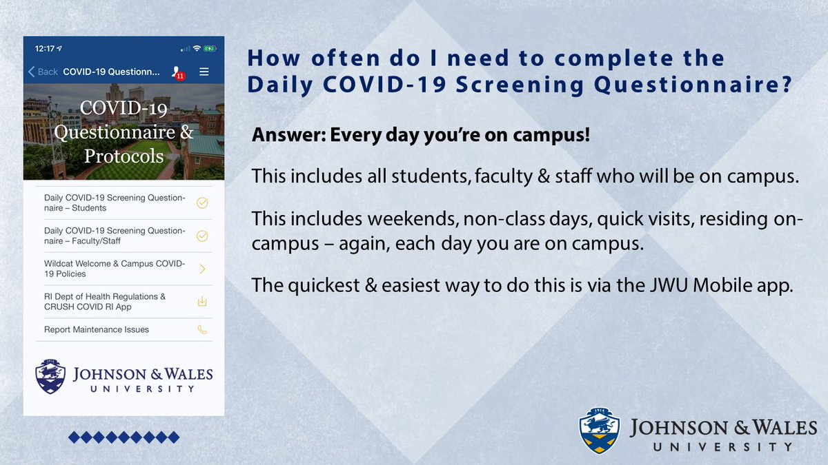 JohnsonAndWales's tweet photo. Wildcats, remember to fill out the COVID-19 Screening Questionnaire daily on the JWU mobile app. We are #InThisTogetherJWU #JWUWorks https://t.co/EQOq66tVvU