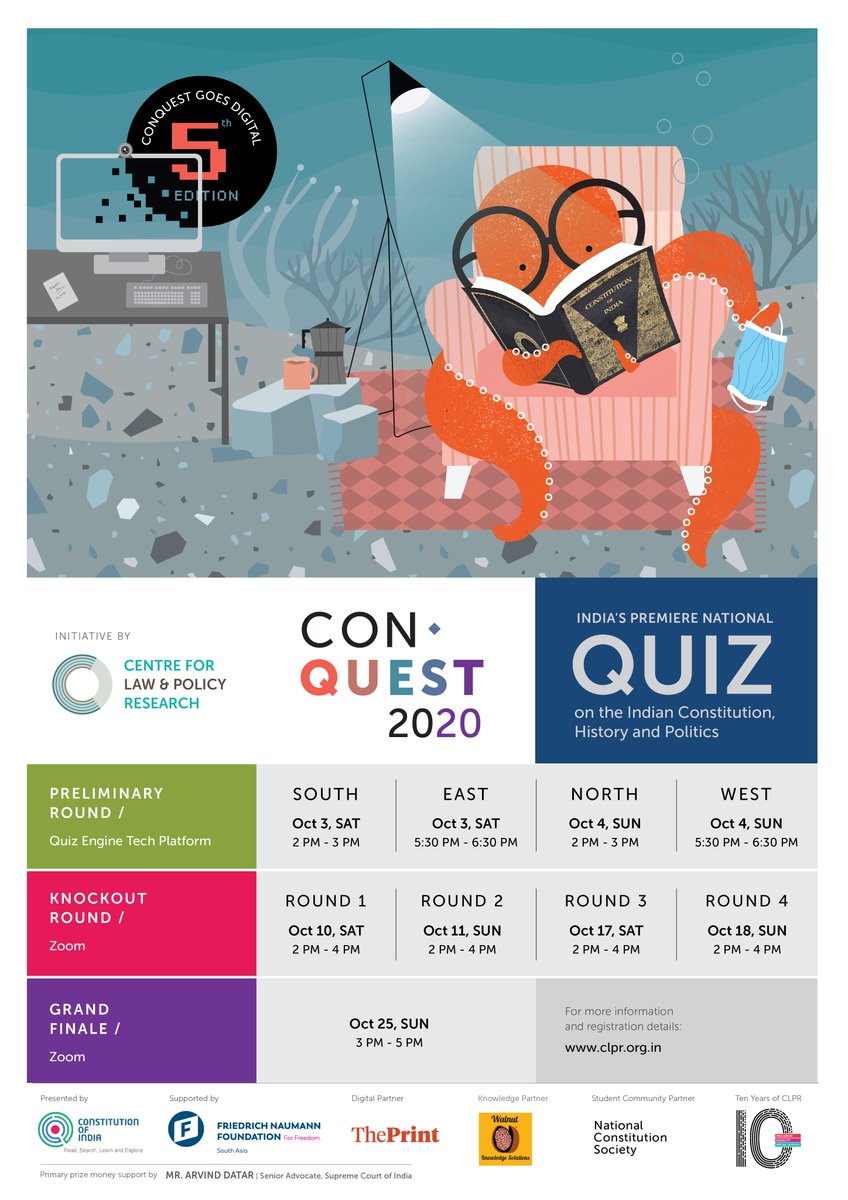 CLPRtrust's tweet photo. ConQuest is back!!!

We are excited to launch #ConQuest2020: India's premier national quiz on the Indian Constitution, history &amp; politics.

In its 5th year, ConQuest is going completely digital.

For info on rules, registration and more: 

https://t.co/0EMFXuHrKa https://t.co/mIXo1W34U3