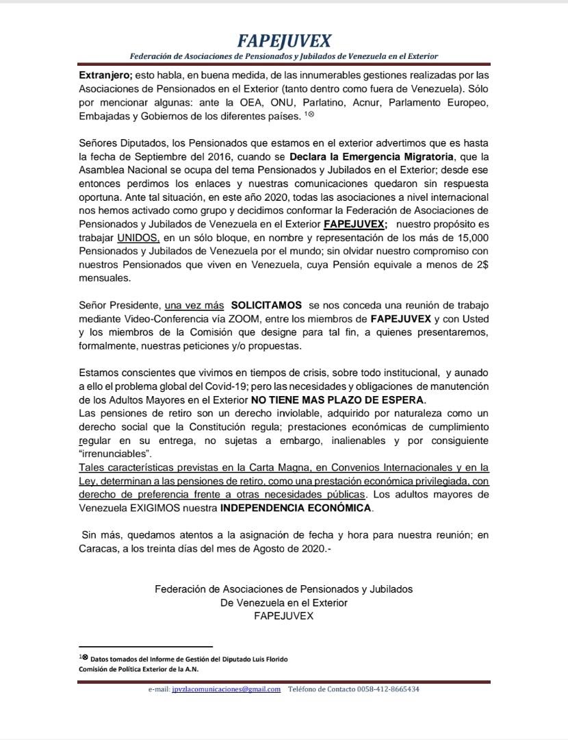 ArVenex's tweet photo. Nuevamente, los #jubilados y #pensionados #venezolanos en el #exterior claman la debida atención por parte del #presidente #demócrata de los #venezolanos. Cinco años de cartas, comunicaciones, llamadas, sin respuesta. #abandonados a nuestra suerte y #violando #derechos. https://t.co/JVOc3zUfAg
