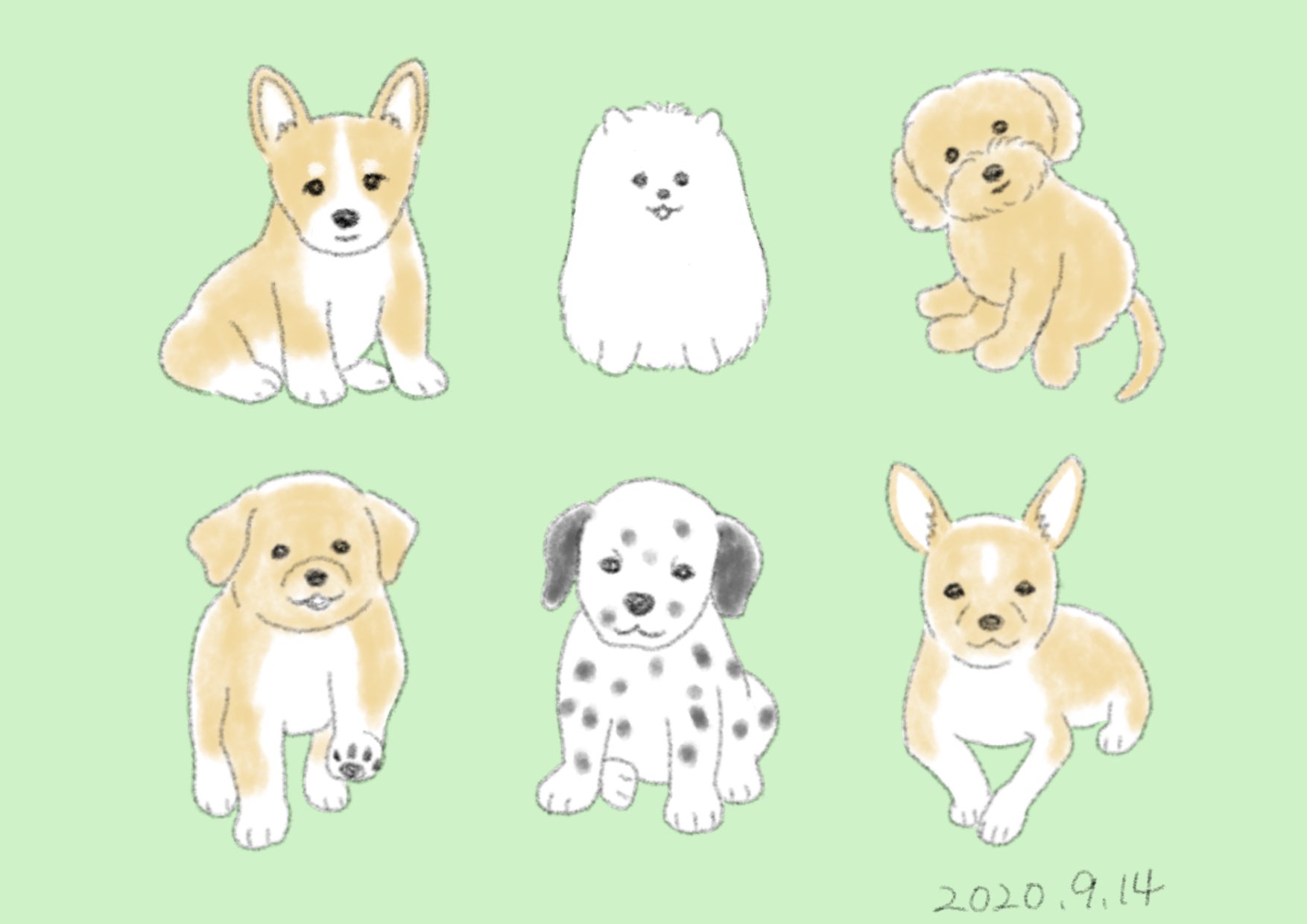 Chippoke ようこ 犬絵 パピーちゃん集まれ デジタル絵画 デジタルイラスト イラスト 犬イラスト 犬の絵 犬 コーギー ポメラニアン トイプードル ゴールデンレトリバー ダルメシアン イタリアングレーハウンド Chippoke犬絵 T Co