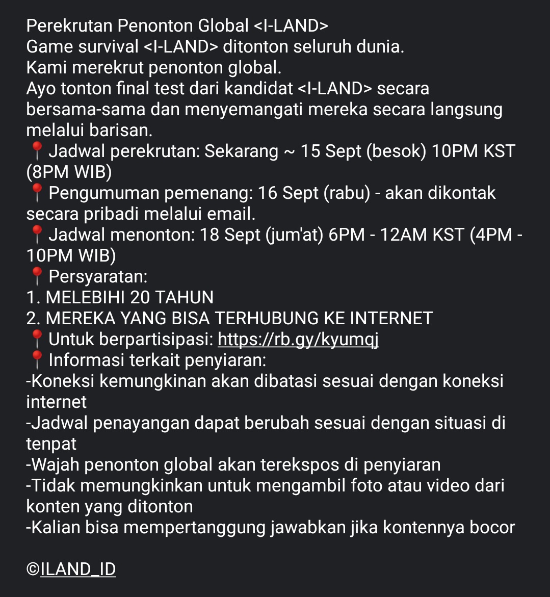 [TRANS] Perekrutan Penonton Global <I-LAND>

Lahirnya #GlobalIdol baru
Ayo tonton final test dari kandidat <#ILAND> secara bersama-sama dan menyemangati mereka langsung melalui online. 

📌Lebih lanjut : bit.ly/35yrVjX