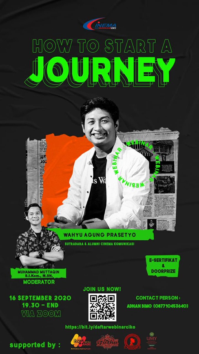 cikoumy's tweet photo. Hallo semua. Cinema Komunikasi (CIKO) UMY yang berkolaborasi dengan Prodi Ilmu Komunikasi UMY akan mengadakan Webinar yang berjudul : 

HOW  TO START A JOURNEY?
Dilaksakan pada: Rabu, 16 September 2020 pukul 19.30-selesai via Zoom https://t.co/vayrlyQCzv