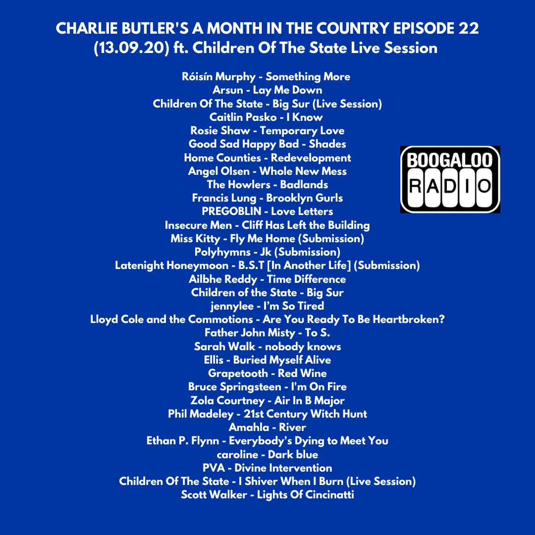 charliefbutler's tweet photo. All the tunes I played on my show Sunday! @boogaloo_radio .. featuring live session from Sheffield's @childrenofstate.
Up on MixCloud, link in bio. Get on it. 🎸
#newmusic #charliebutler #amonthinthecountry #childrenofthestate https://t.co/RUnHgI40bv
