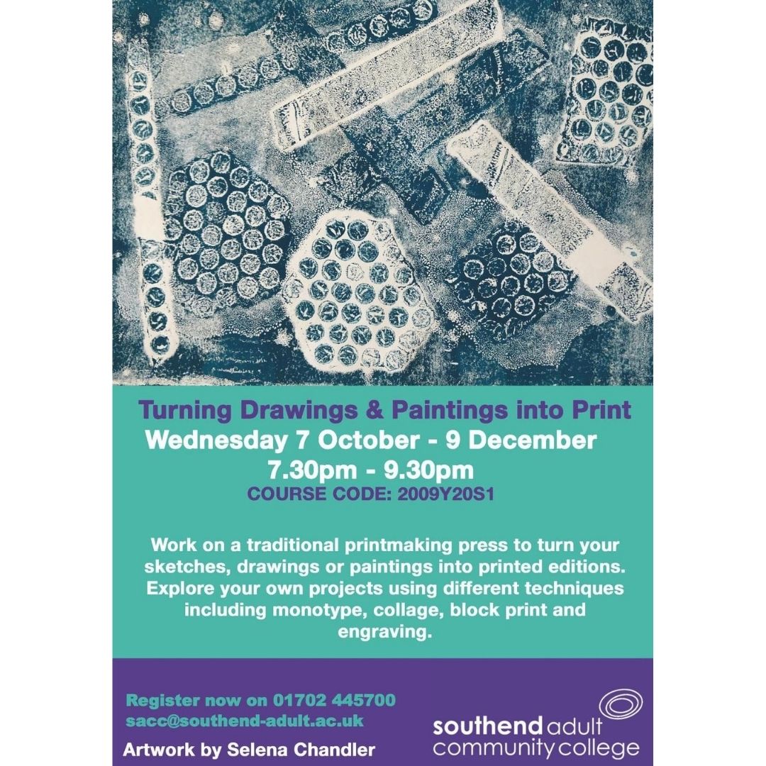 SouthendACC's tweet photo. Turn sketches, drawings or paintings into printed editions with our 10 week course. Use different techniques including monotype, collage, block print & engraving. With artist tutor @emmaedmondson
Book your place at https://t.co/xik0g7zaL5
#homeoflearning #creativity #printing https://t.co/kG34nOC6Rf