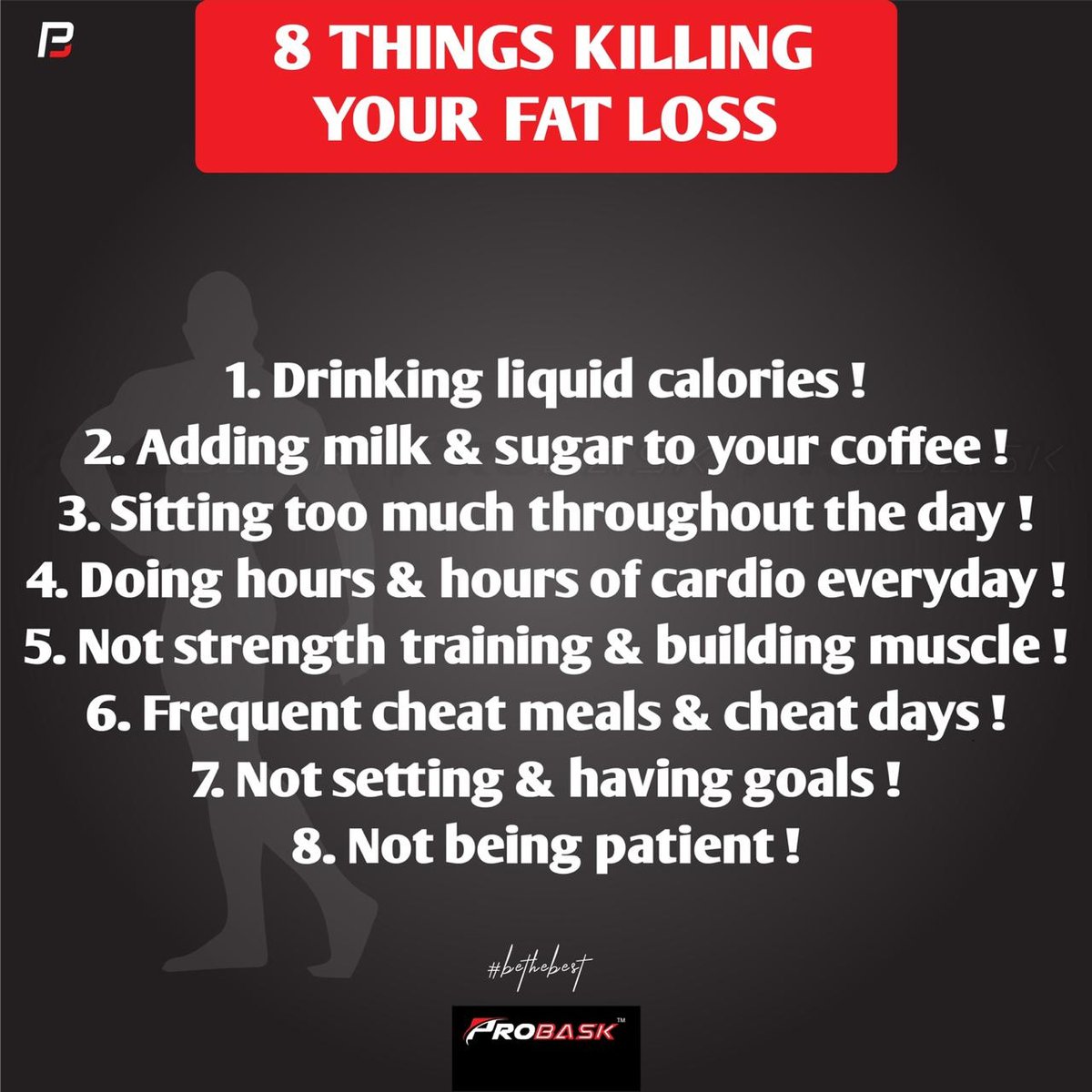 theprobask's tweet photo. 8 Things Killing Your Fat Loss. 
#weightloss #fitness #fitfam #health #nutrition #motivation #workout #fit #transformation #diet #exercise #fitnessmotivation #strength #training #personaltrainer #weightlossjourney #goals #healthyeating #gains #abs #bethebest #probask. https://t.co/T81OVzo05S