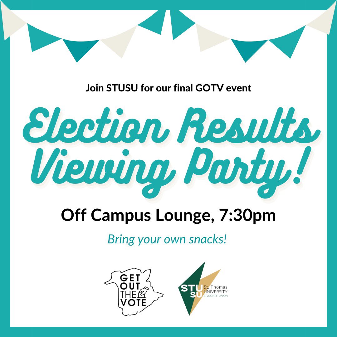 STU_SU's tweet photo. Happy election day folks! Join us for our last GOTV event, an Election Results Viewing Party! Bring your own snacks and join us in the OC Lounge at 7:30pm! 🗳 https://t.co/SOwdmGu5t4