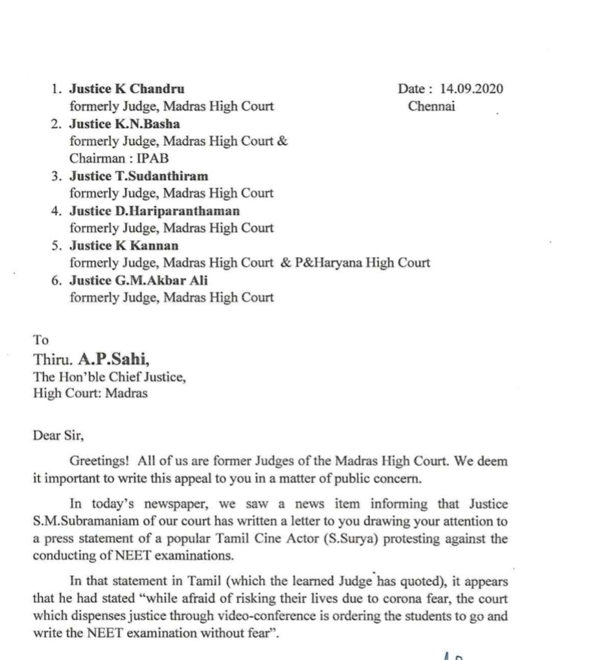 LiveLawIndia's tweet photo. 6 former judges of the Madras High Court write to the HC Chief Justice urging him not to take contempt action against actor Suriya @Suriya_offl for his remarks on courts allowing NEET exam. Yesterday, Justice Subramaniam had written to CJ seeking contempt action against Suriya. https://t.co/mLLSfvpjMN