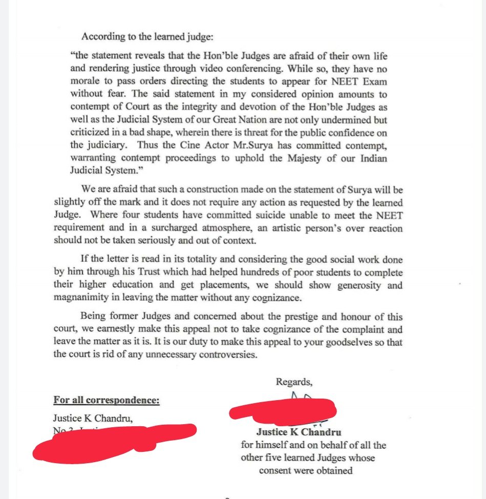 LiveLawIndia's tweet photo. 6 former judges of the Madras High Court write to the HC Chief Justice urging him not to take contempt action against actor Suriya @Suriya_offl for his remarks on courts allowing NEET exam. Yesterday, Justice Subramaniam had written to CJ seeking contempt action against Suriya. https://t.co/mLLSfvpjMN