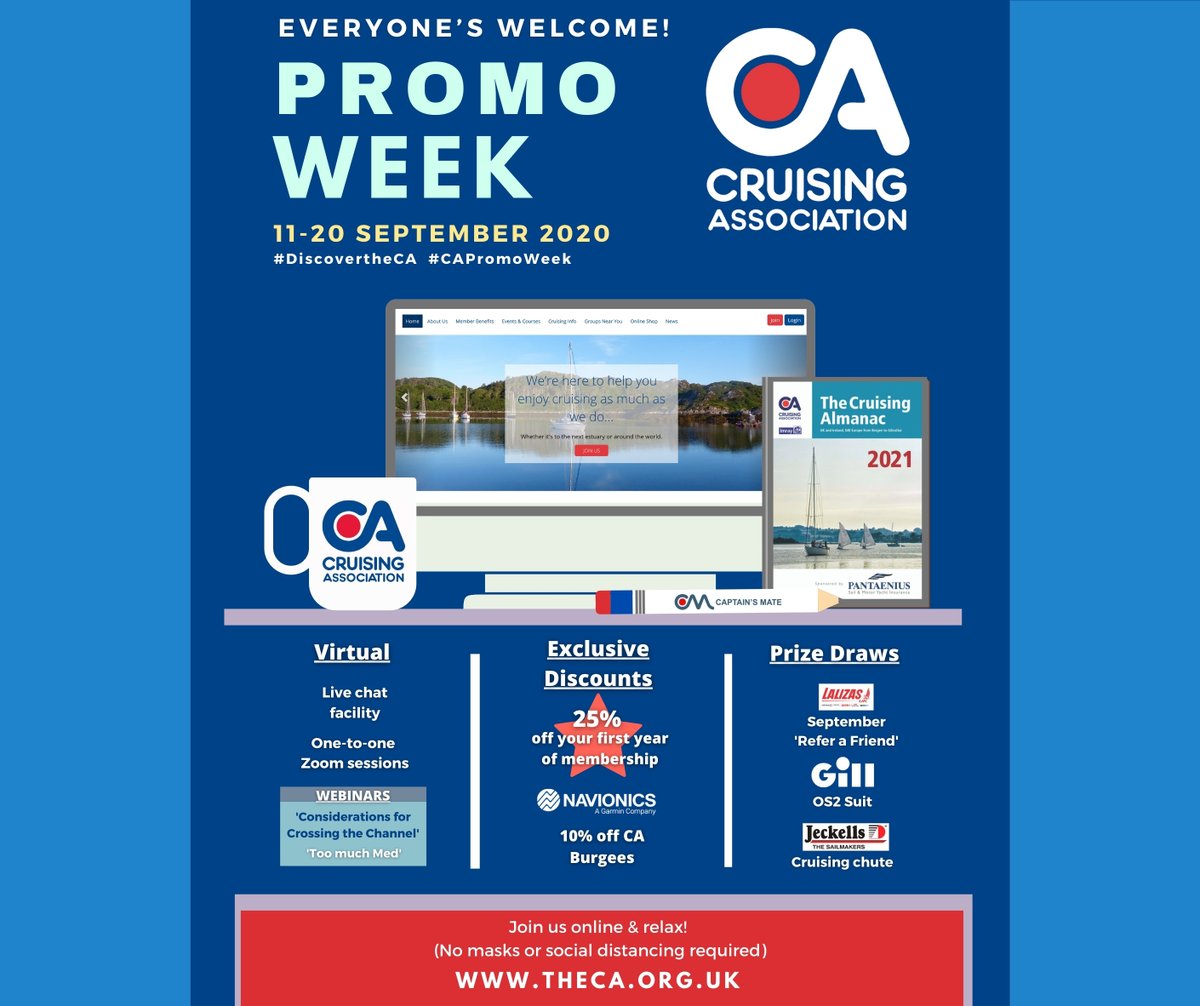 Cruising_Assoc's tweet photo. #CAPromoWeek #DiscovertheCA Welcome to our ONLINE Promo Week. No masks, no social distancing required. Whether you're into sailing or motor cruising, round the UK or further afield, everyone's welcome! Great discounts, webinars! Running until Sunday 20th.
https://t.co/zY41bDAW4p https://t.co/CPX4aytfLz