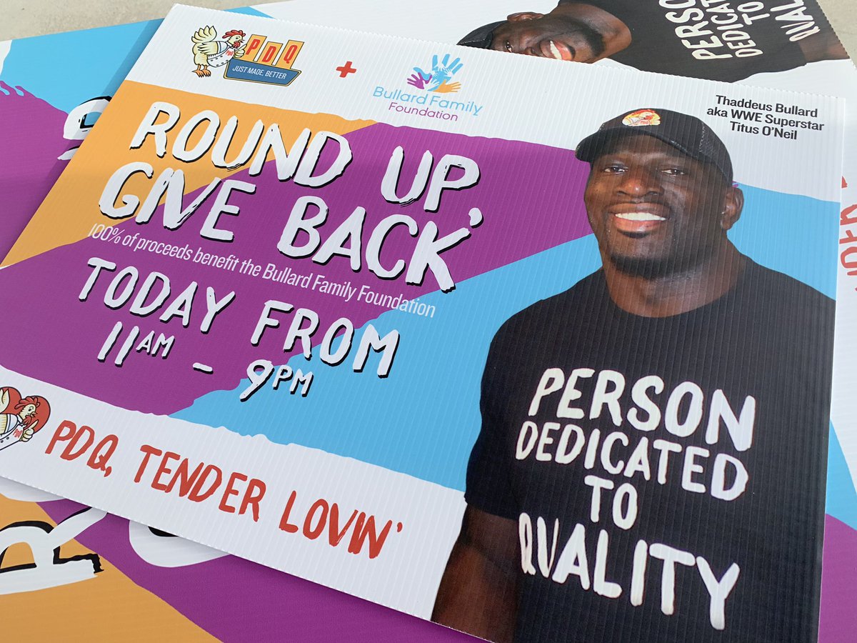 Charley Belcher FOX (@charleybelcher) on Twitter photo Our pal <a href="/TitusONeilWWE/">Titus O'Neil</a> has a request of you today: eat at a @PDQFreshFood and round up your bill or make a donation. 100% of that will go to his Bullard Family Foundation, to support children & families in need. <a href="/BFFTampa/">bullardfamilyfoundation</a> #GoodDayTB Our pal <a href="/TitusONeilWWE/">Titus O'Neil</a> has a request of you today: eat at a @PDQFreshFood and round up your bill or make a donation. 100% of that will go to his Bullard Family Foundation, to support children & families in need. <a href="/BFFTampa/">bullardfamilyfoundation</a> #GoodDayTB