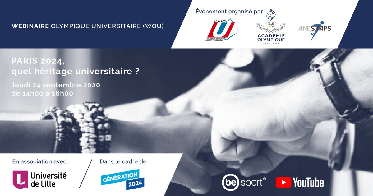 #Paris2024, quel héritage universitaire ? 

👉Le Webinar Olympique Universitaire, organisé par l'académie nationale <a href="/FranceOlympique/">FranceOlympique</a>, <a href="/ANESTAPS/">ANESTAPS</a> et <a href="/FFSportU/">FFSU</a>, en association avec #ULille se déroulera jeudi 24/09 de 14h à 16h.

🎦 A suivre en direct sur youtube.com/UniversiteDeLi…