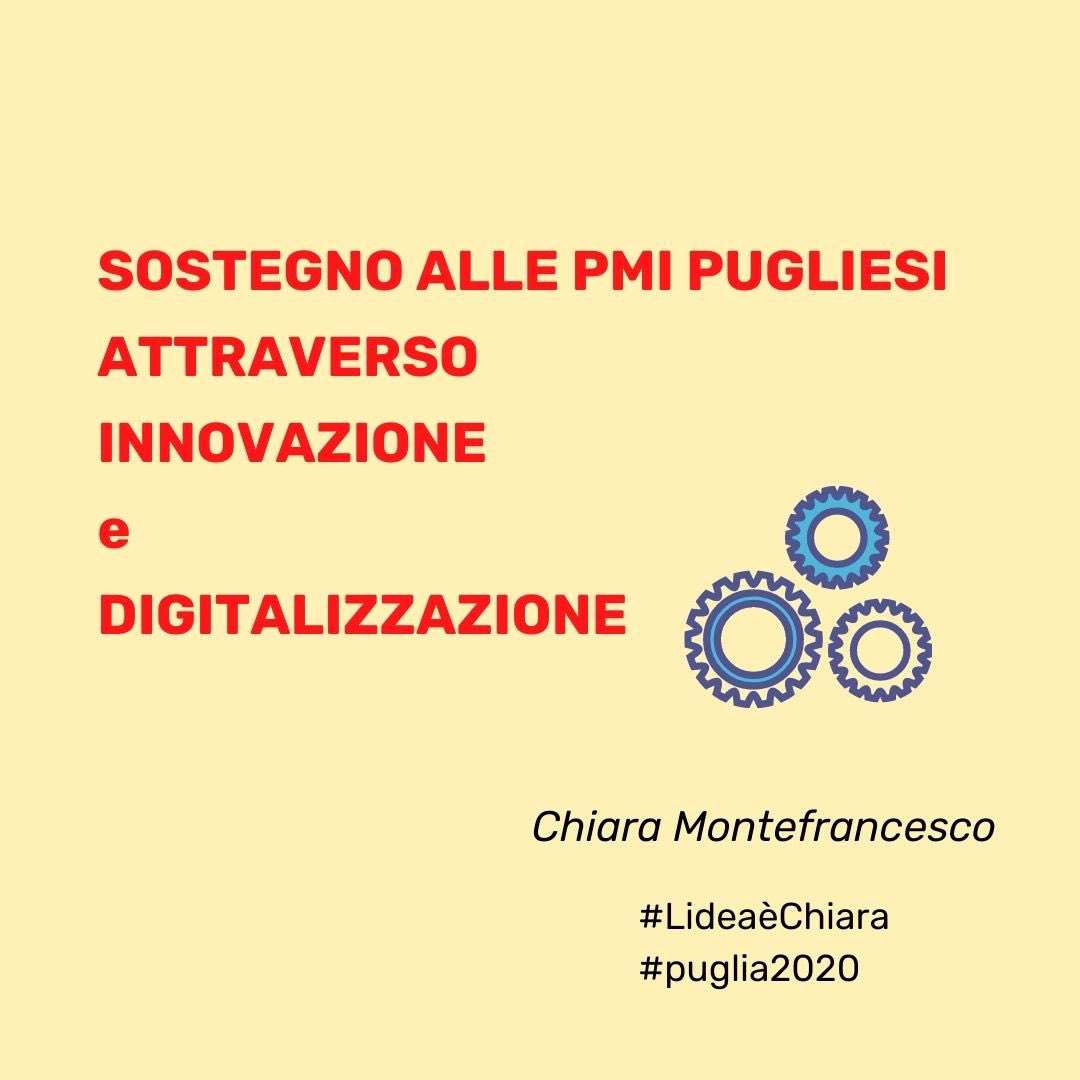 CMontefrancesco's tweet photo. Sostegno alle PMI pugliesi attraverso innovazione e digitalizzazione. È il primo punto del mio programma per il rilancio della #Puglia, uno degli argomenti che mi sta più a cuore.
#LideaèChiara #puglia2020
👉🏻 https://t.co/zbjPlyepwM https://t.co/hWs7la4KFS