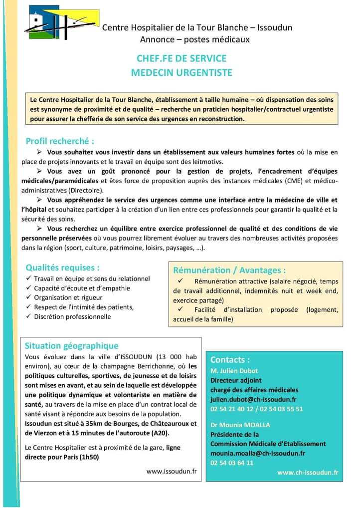 CHTB_Issoudun's tweet photo. Le CHTB recherche son/sa chef.fe de service des Urgences ! https://t.co/HXlEN1nRh2