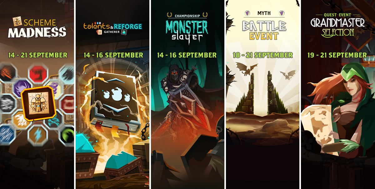 QuestlandGame's tweet photo. ⚔️ This week event slate includes Scheme Madness, Talents&amp;Reforge, and the return of the Monster Slayer. This week's Emblem is Myth, with the premiere of the new Guardian of the Afterlife battle set! https://t.co/HAsRgx4A0Q