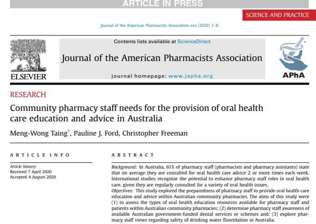 IN PRESS: The authors highlight a need for interdisciplinary partnerships between pharmacy and dental
professional organizations to develop mutually
appropriate pharmacy practice guidelines.
#interprofessionalCare #pharmacists

japha.org/article/S1544-…