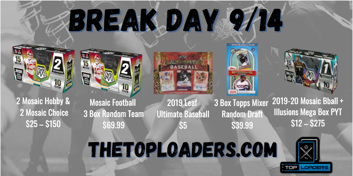 loaders_the's tweet photo. Break Day is here! Weโve got Mosaic Football, Topps baseball mixer random draft & Mosaic Basketball! Letโs get these breaks filled today and weโll #ripandload at 8:30 p.m. CDT tonight!
Grab your spots at https://t.co/UcaUd33uG6 https://t.co/Sfw5LgLSk2