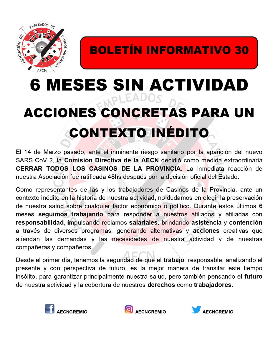 AecnGremio's tweet photo. 🔺Seis meses cuidándote: trabajo responsable.
🔺Cierre de casino: acuerdo salarial
🔺Programa de Asistencia y Contención para todos y todas
#AECN #GREMIO #CASINOS #ACUERDOSALARIAL
https://t.co/H9fzpfB1Cc