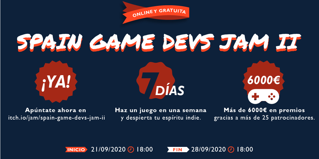 spaingamedevs's tweet photo. ‼️ ¡En unos días comienza la Spain Game Devs Jam II!
(#SGDJamII)

➡️ Del 21 al 28 de septiembre.
➡️ Participa sólo o en equipo.
➡️ +6000€ en premios gracias a 27 patrocinadores.
➡️ 6 streamers jugarán a los juegos en directo.

Inscripción y +Info -> https://t.co/29ZWnXglys https://t.co/kfcaFJcgNR