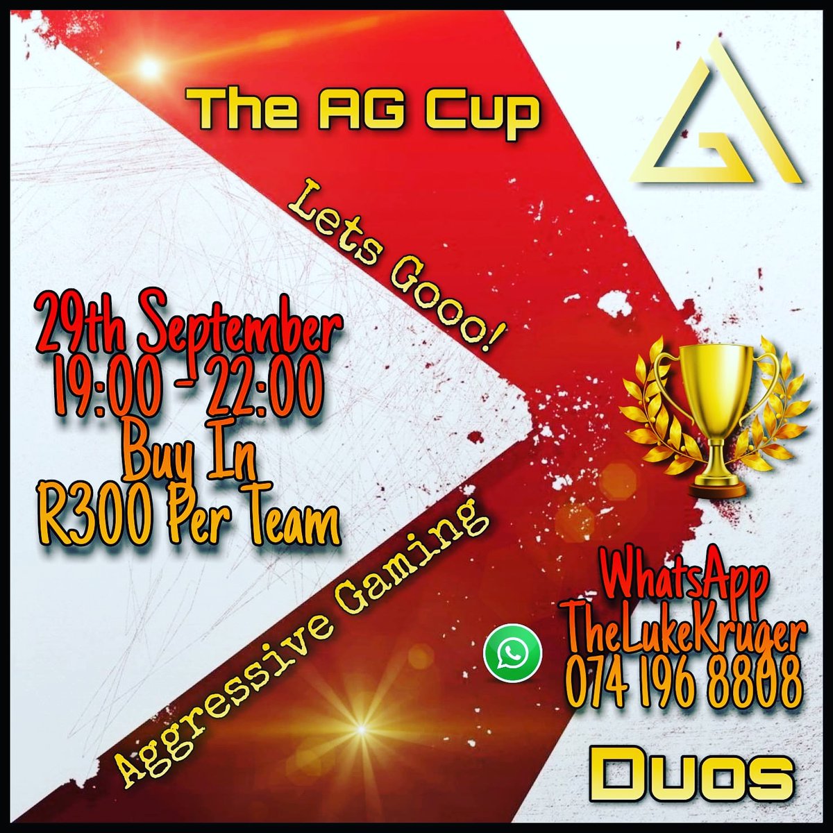 AggressiveGami6's tweet photo. The AG Cup is back
Join the discord for more info
https://t.co/xiXR6fisOS
#gaming #aggressivegaming #duos #esports #callofduty #saesports #battleroyal #esportssa #warzone #CoD https://t.co/CRG55q8cxB