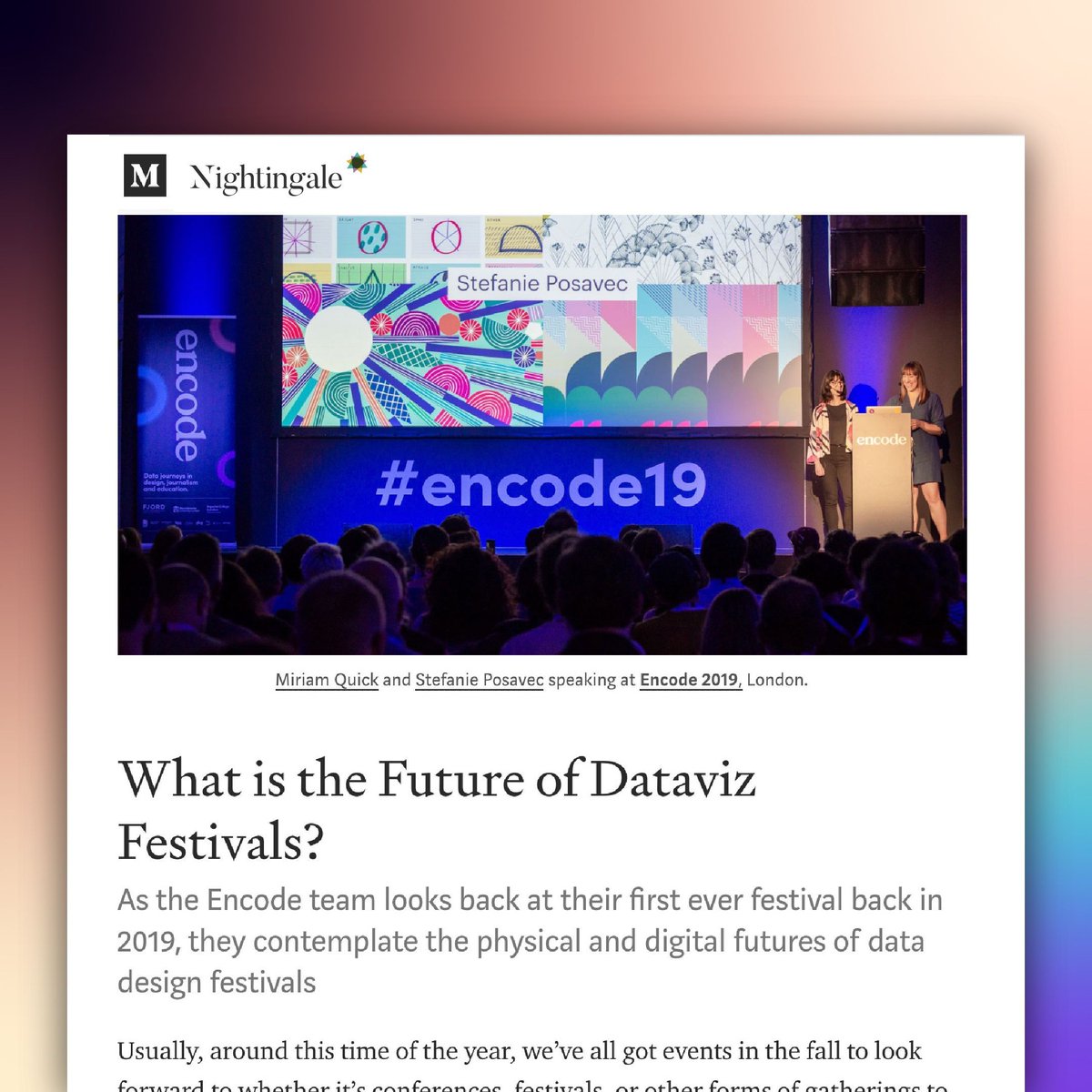 encode_info's tweet image. What is the Future of Dataviz Festivals? As we look back at our first ever festival back in 2019, we contemplate physical and digital futures of data design events. Read our new Medium article on Nightingale, by @DataVizSociety here 👉 bit.ly/2Zu6pcf