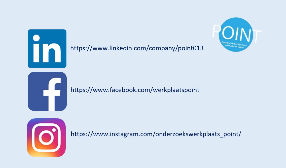 Naast dat wij te vinden zijn op Twitter, zijn wij ook te vinden op LinkedIn, Facebook en Instagram. Neem ook op deze kanalen een kijkje en volg ons ook hier om alles van #POINT mee te krijgen!

LinkedIn: @ POINT
Facebook: @ werkplaatsPOINT
Instagram: @ onderzoekswerkplaats_point
