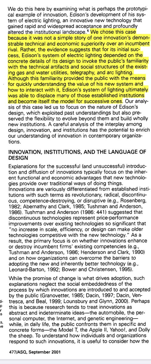 The process Edison used, called "robust design," helps make new technologies palatable. The classic article by Douglas &  @andrewhargadon is extremely readable, and explains a lot about how design helps new technologies get adopted. 6/6  https://www.psychologytoday.com/sites/default/files/Edison_ASQ.pdf