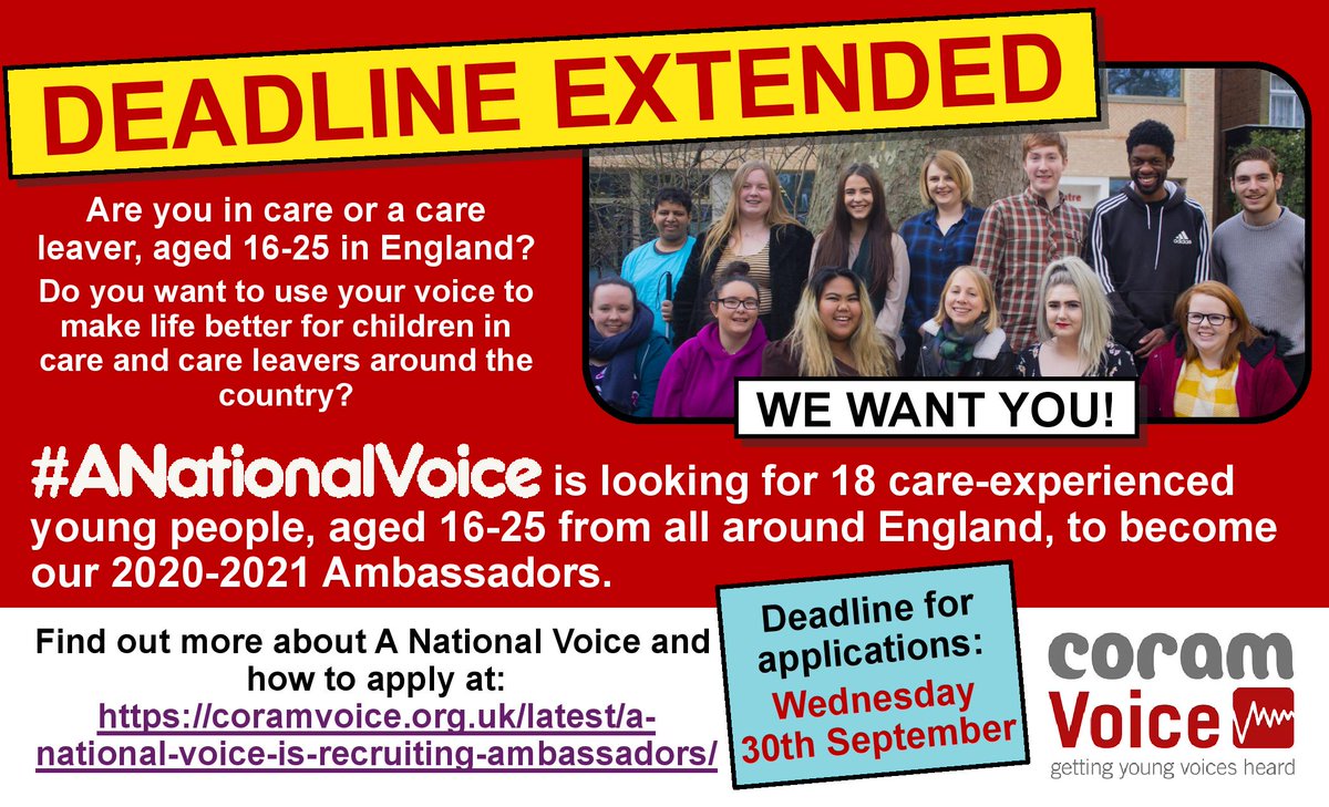 CoramVoice's tweet photo. 📢📢📢GOOD NEWS ALERT📢📢📢

Due to popular demand, we are extended our deadline for #ANationalVoice ambassadors!

You now have until the Wednesday 30th September to get your applications in.

➡️More info: https://t.co/XvsobgVMUO https://t.co/69mVYslXq2