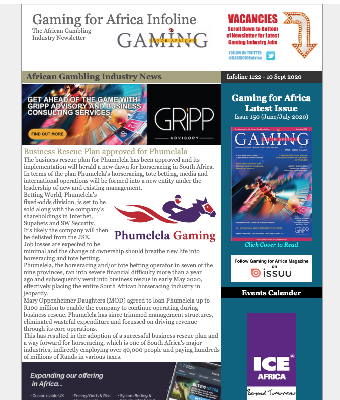bannister_roy's tweet photo. AFRICAN GAMING INDUSTRY NEWS &amp; JOBS: Phumelela Gaming Rescue Plan approved. Read here:
https://t.co/2B9aUMryiC  @MillionThrills @tsogosun @Peermont @emerald_resort @Avani_Hotels @spintelligent @Clarion_Events @timesquareza @Goldrush_Bingo https://t.co/WKfXtTrso2