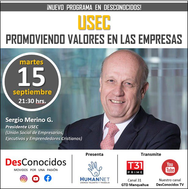 Interesante programa con el presidente de la <a href="/usec/">jword</a>, Sergio Merino. 📺 
#DesConocidos
#MovidosPorUnaPasión #FranciscaValdivieso #ProgramaTV