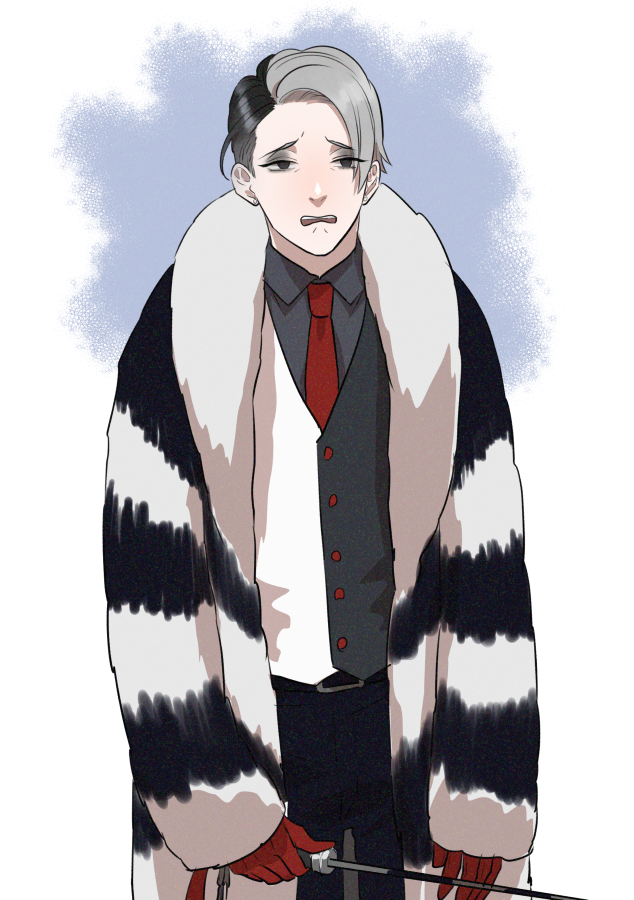 male focus 1boy necktie red gloves solo grey hair fur coat  illustration images