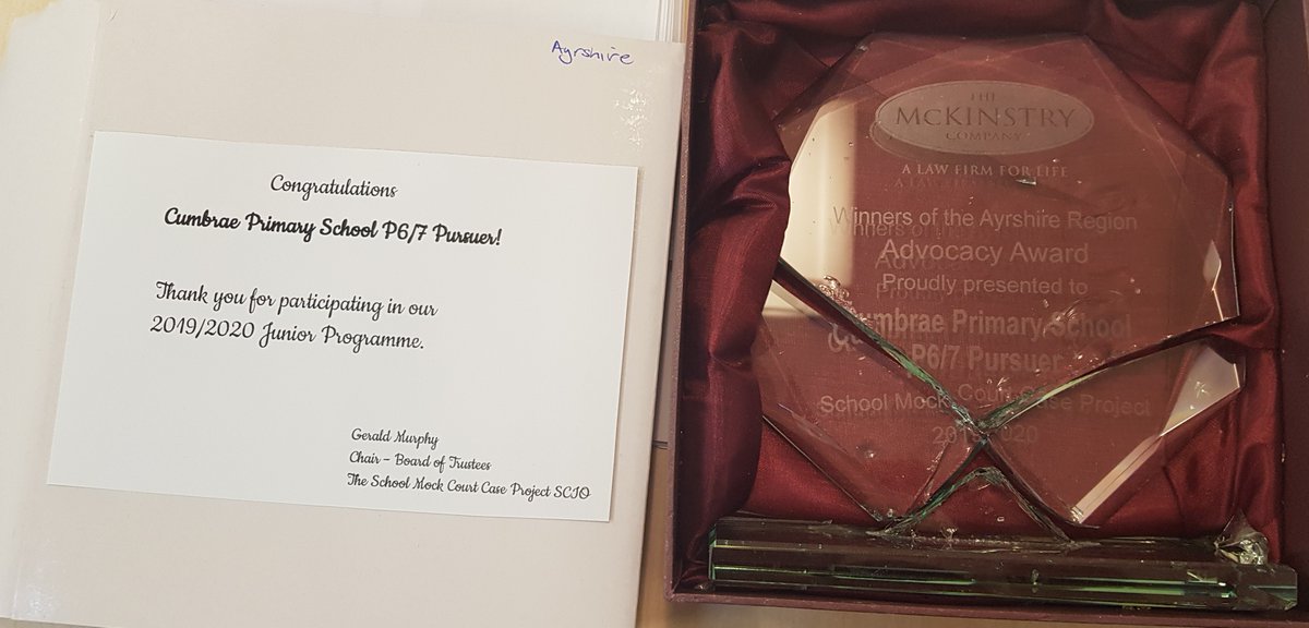 We received a lovely (albeit broken) surprise in the post this morning...an Advocacy Award for the Ayrshire Region for our P6/7 Pursuer Team! Perfect timing as we are about to dust off our robes and prepare our case for the Mock Court Trial in December 2020 <a href="/NAC_Education/">North Ayrshire Education</a> <a href="/DYWNAC/">NAC Education DYW</a>