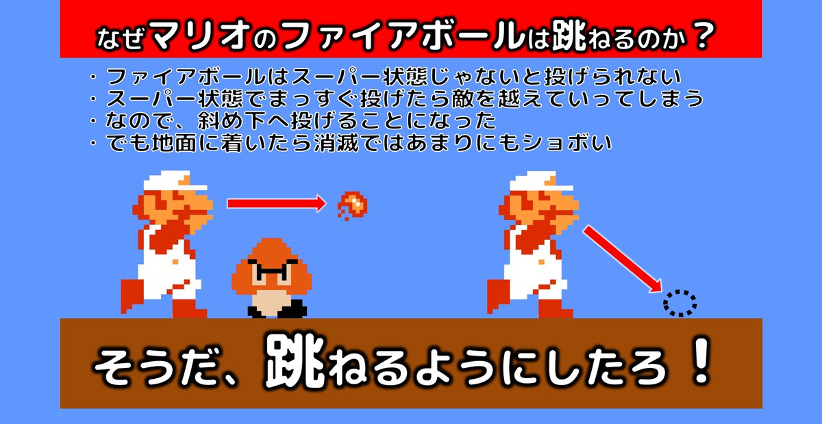 綾茂勝太郎 Gamian スーパーマリオブラザーズのファイアーボールが跳ねる理由考察が流行ってるようですが マリオブラザーズの頃から跳ねてたと思うけど