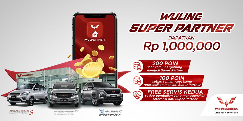 WulingMotorsID's tweet photo. Jadi Super Partner #WulingMotors dptkan benefitnya! Referensikan #WulingSuperPartner kpd teman Anda, berkesempatan dptkan uang tunai senilai Rp1jt* & GRATIS service ke-2*. Daftar skrg melalui aplikasi My WULING+!
*S&K berlaku, info https://t.co/vQLnqtAzX3
#DriveForABetterLife https://t.co/etRJlajyzA