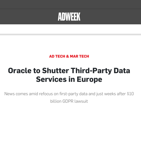 NextUser's tweet photo. Is it the end of #DMP in #Europe? @Oracle #Bluekai drops third-party targeting data in #EU. Will @Salesforce #Krux follow the same move?
https://t.co/ZFcjZO92XS
#GDPR #CDP #bigdata by @Adweek via @CDPInstitute @theprivacycoll1 https://t.co/ij7nGbXid2